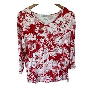 Pineapple Moon Hawaiian Aloha Tropical Floral Quarter Sleeve Silky Top L